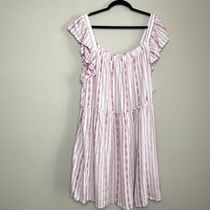 Time & Tru Pink White Paisley Ruffle Sleeve Tiered Linen Blend Mini Dress Sz XXL